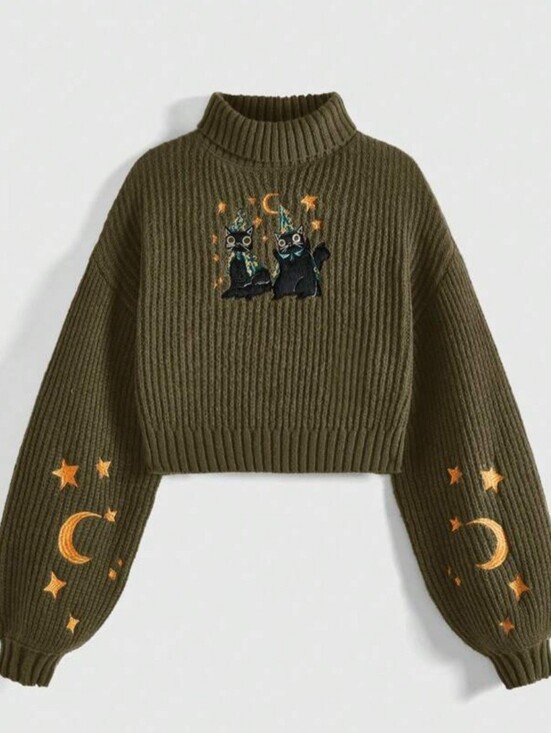 ROMWE Sweaters - Romwe Women Youth Gothic Sweater Celestial Motifs And Black Cats
